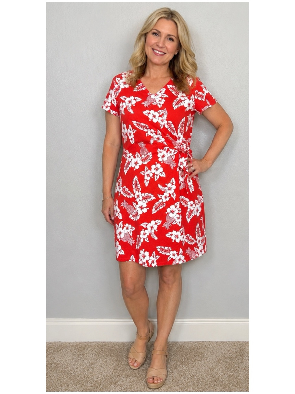 LAND’S END Women’s Size LP Petite Red &‎ White Bright Poppy Hawaii Floral Dress